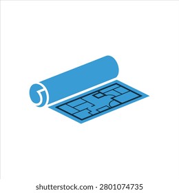 Vector illustration of a rolled up blueprint or architectural plan on a flat surface, symbolizing construction, design, and education.