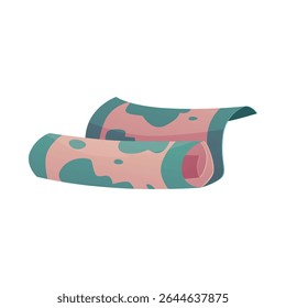 Vector illustration of rolled map with abstract green terrain marks. Travel and exploration theme. Treasure map. Location. Flat style. Isolated background. Icon. Minimalism.