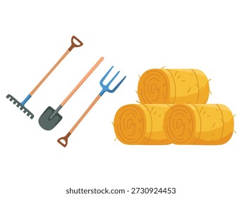 Vector illustration of rolled and pressed dry hay set suitable for crop harvesting garden tools agriculture and farm themed creative designs