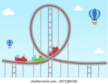 Vector illustration of roller coaster during the day to entertain children, theme park