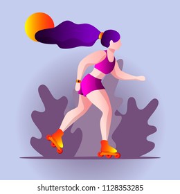 Vector illustration of a roller girl in motion on floral violet background.