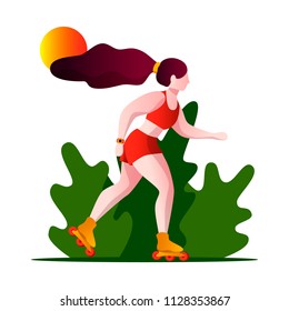 Vector illustration of a roller girl in motion on floral background isolated on white