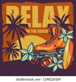 Vector illustration. Roller skates at sunset with palm trees. Orchids and surfboard