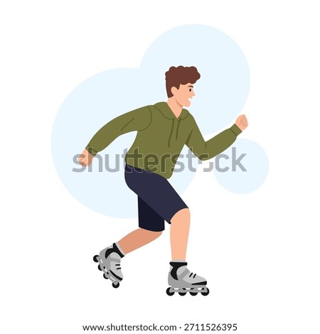 Vector illustration of roller skating. Cartoon scene of a guy in a hoodie, shorts, roller skating, keeping balance isolated on a white background.Physical activity.Strengthening muscles.Roller sports.