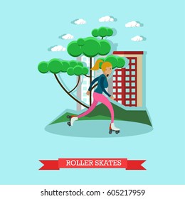Vector illustration of roller skating girl in flat style. Roller skates concept design element in flat style.