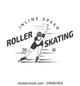 Vector illustration of roller skating label, badge, emblem isolated on white. Inline speed. Good for tee design and t-shirt, web projects. Typographic background