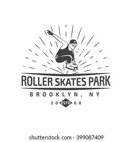 Vector illustration of roller skating label, badge, emblem isolated on white. Roller skates park. Good for tee design and t-shirt, web projects. Typographic background.
