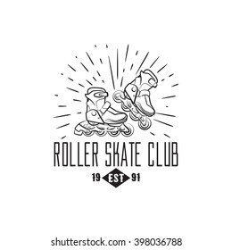 Vector illustration of roller skating, roller skate club label, badge, emblem isolated on white. With sun burst. Good for tee design and t-shirt, web projects. Typographic background