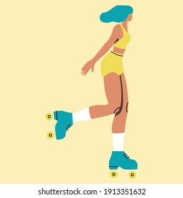 Vector illustration with roller skating woman. Cartoon character doing sport. 