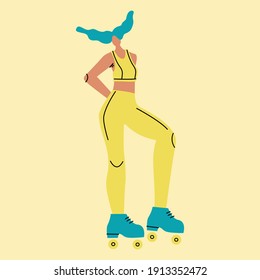 Vector illustration with roller skating woman. Cartoon character doing sport. 