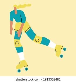 Vector illustration with roller skating woman. Cartoon character doing sport. 