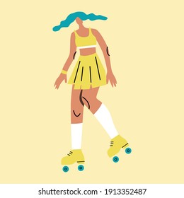 Vector illustration with roller skating woman. Cartoon character doing sport. 