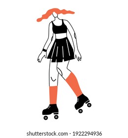 Vector illustration with roller skating woman. Cartoon character doing sport. 
