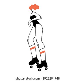 Vector illustration with roller skating woman. Cartoon character doing sport. 