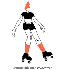 Vector illustration with roller skating woman. Cartoon character doing sport. 