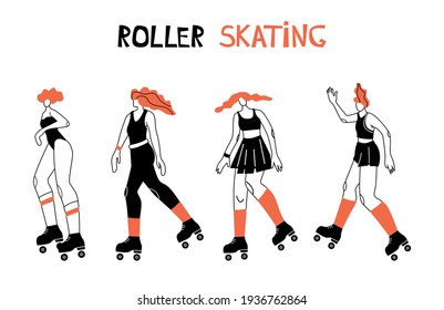 Vector illustration with roller skating woman. Cartoon character doing sport. 