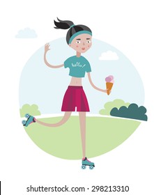 Vector illustration of roller-skate girl in a park