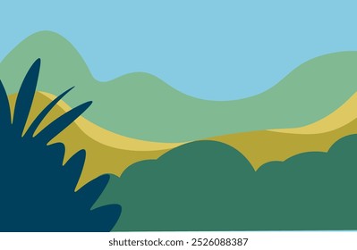 A vector illustration of rolling green hills under a clear blue sky, with soft, simple shapes. Ideal for nature-related designs and print projects.