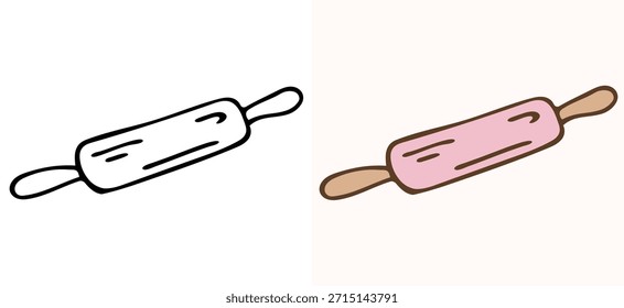 Ilustración vectorial de un boceto de rodillo, que incluye versiones de contorno y de color. Este es un utensilio de cocina esencial utilizado para hornear, aplanar la masa y preparar pasteles.