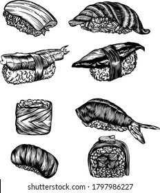 Vector Illustration of rolls, sushi and seafood in the sketch style. Detailed drawing of images with a line in black and white. For menus, banners, icons, stickers, and any other directions. Seamless 