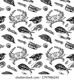 Vector Illustration of rolls, sushi and seafood in the sketch style. Detailed drawing of images with a line in black and white. For menus, banners, icons, stickers, and any other directions. Seamless 