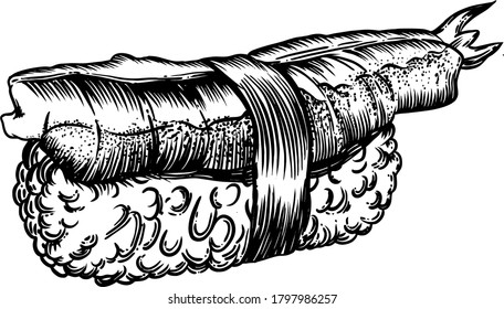 Vector Illustration of rolls, sushi and seafood in the sketch style. Detailed drawing of images with a line in black and white. For menus, banners, icons, stickers, and any other directions. Seamless 