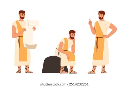 Ilustração vetorial de um romano. Cena em desenho animado de um homem com diferentes emoções e poses, vestido com uma túnica com um cinto, sandálias:de pé com um rolo de papel, sentado em uma pedra, com uma mão levantada.