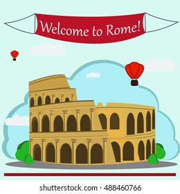 Vector illustration of Roman Coliseum. With simple text "Welcome to "Rome".Flat Design.