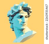 Vector illustration of Roman or Greek sculpture of Apollo - the Sun God. Pseudo 3d bust statue of a man. Drawn art object for creative poster, collage, banner or logo