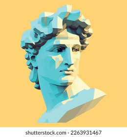 Vector illustration of Roman or Greek sculpture of Apollo - the Sun God. Pseudo 3d bust statue of a man. Drawn art object for creative poster, collage, banner or logo