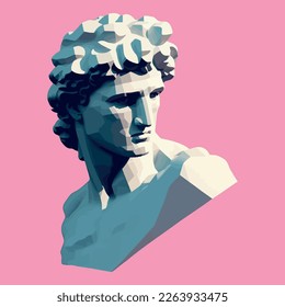 Vector illustration of Roman or Greek sculpture of Apollo - the Sun God. Pseudo 3d bust statue of a man. Drawn art object for creative poster, collage, banner or logo
