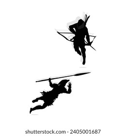 vector illustration of a roman knight silhouette throwing a spear and an archer silhouette