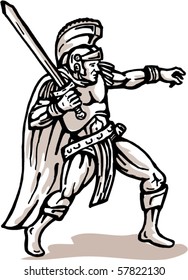 vector illustration of a Roman soldier or gladiator with sword  isolated on white