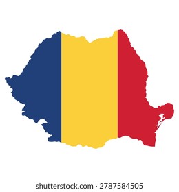 Vector illustration of Romania in the shape of its national borders, filled with the Romanian flag colors. Clean flat design featuring blue, yellow, and red vertical stripes. Minimal geographic silhouette suitable for education, travel, and infographic use. Isolated scalable composition for digital and print projects.