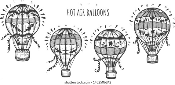 Vector illustration of romantic airship set. Hot air balloons with festival decorations and flourishing. Vintage hand drawn style.