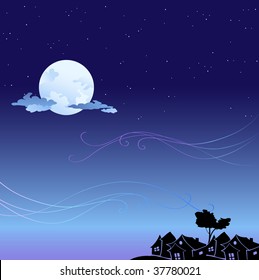 Vector illustration of romantic background with cartoon  skyline silhouettes