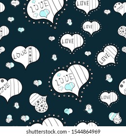 Vector illustration. Romantic background on gray, white and blue colors. Seamless Calligraphic text and special trendy love heart design for Happy Valentine':s day vintage, card, poster background.