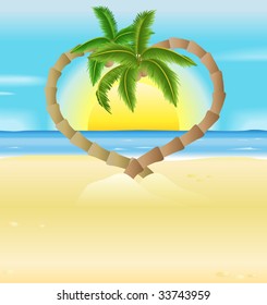 A vector illustration of a romantic beach scene  with heart shaped palm trees