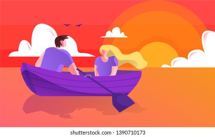 Vector Illustration Romantic Boat Trip, Cartoon. Young Happy Man and Woman Travel in Boat on River or Sea Morning at Dawn. Beautiful Romance Between Spouses. Water and Sky are Red.