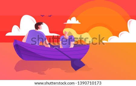 Vector Illustration Romantic Boat Trip, Cartoon. Young Happy Man and Woman Travel in Boat on River or Sea Morning at Dawn. Beautiful Romance Between Spouses. Water and Sky are Red.