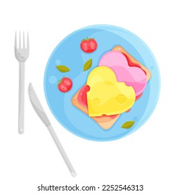 vector illustration romantic breakfast, cheese and sausage sandwiches, cutlery, hand drawing 