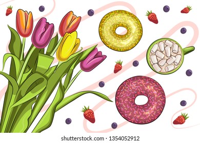 Vector illustration. Romantic breakfast: hot cocoa with marshmallows, donuts, strawberries, blueberries and tulips. Good morning. Image for your decor and design: poster, postcard. Cafe. Coffee house.