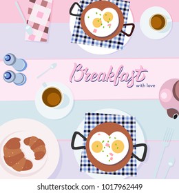 Vector illustration of romantic breakfast on the table served with checkered napkins fork, teaspoon, elegant salt shaker. Fried eggs, coffee, tee, and croissants. pink and blue lettering Vector flat