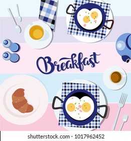 Vector illustration of romantic breakfast on the table served with checkered napkins fork, teaspoon, elegant salt shaker. Fried eggs, coffee, tee, and croissants. pink and blue lettering Vector flat