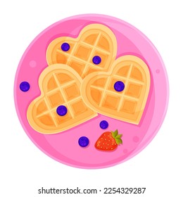 vector illustration romantic breakfast Viennese heart-shaped waffles with blueberries and strawberries 