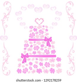 Vector illustration - romantic card for lovers with a birthday cake consisting of flowers, with bows, pink hearts and a frame of patterns.