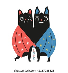 Vector illustration of romantic couple of bats and lettering word Love. Colored print design with white and yellow stars, typography poster with animals