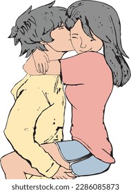 A vector illustration of a romantic couple, with the boy holding the girl in a warm embrace and sharing a loving kiss. Perfect for use in Valentine's Day designs or any romantic-themed project