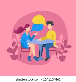 Vector illustration of romantic couple chatting about news, social networks, gossips.  People sitting at a table with speech bubbles in flat style.