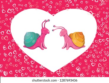 Vector illustration of romantic couple of colorful snails. Postcard, poster for St. Valentines day, wedding, date, anniversary, proposal, honeymoon, with love, red pink hearts on the background.